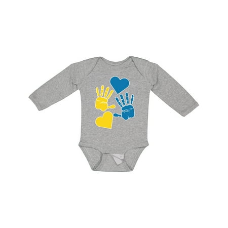 

Inktastic Down Syndrome Awareness with Handprints and Hearts Blue and Yellow Gift Baby Boy or Baby Girl Long Sleeve Bodysuit