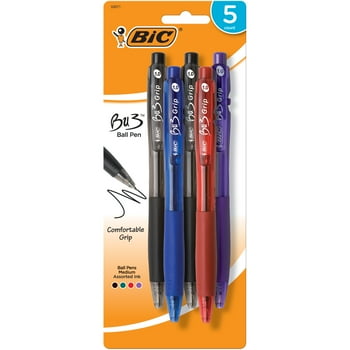 BIC BU3 Grip Retractable Ball-Point Pens, Assorted Colors, Medium Point (1.0mm), 5 Count