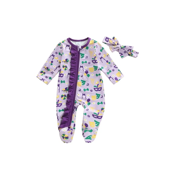BemeyourBBs Newborn Baby Girls Mardi Gras Outfit Ruffle Footed Romper Long Sleeve Printed Zip Up Footie Jumpsuit Headband Cute Infant Spring Fall Winter Clothes