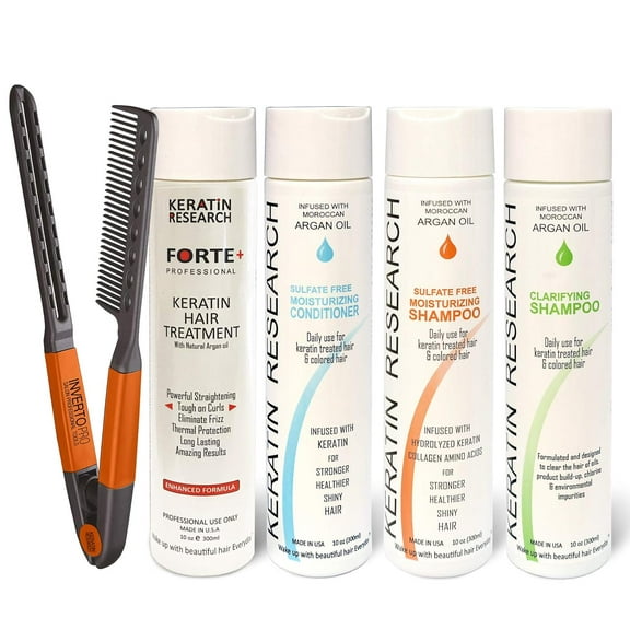 Keratin Forte Extra Strength Brazilian Keratin Hair Treatment Straightening Kit Complex Blowout Treatment Natural Organic Results with Clarifying Moisturizing Shampoo Conditioner Easy Comb (4x10oz)