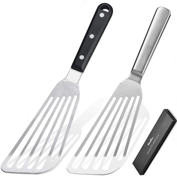 KSENDALO 2 Pack Fish Spatula Stainless Steel Set, Kitchen Cooking Metal Spatulas with Flexible Thin Slotted Angled Blade, Silver