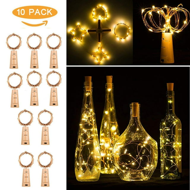 Xihbxyly Luces para Botellas de Vino, 10 Led Blanco Cálido, Cable de Cobre Flexible, Batería Incluida, Decoración para Fiestas, Iluminación Romántica, Decoración Creativa Del Hogar, 2 M de Largo, 20