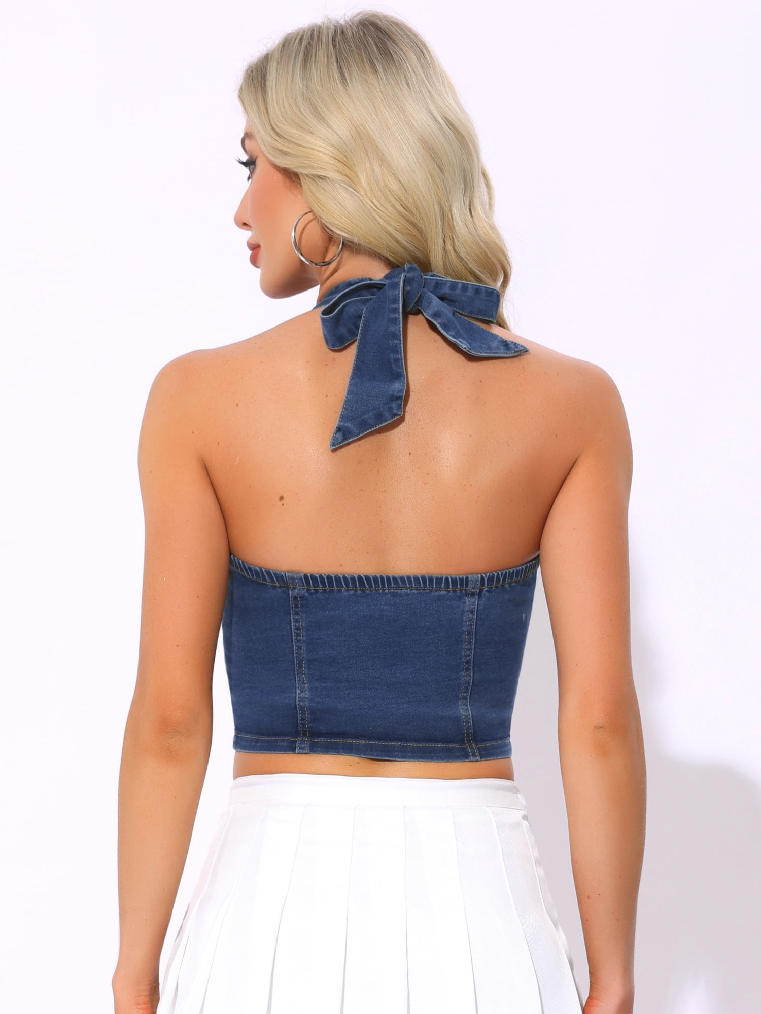 DARING DIVA Women's Sleeveless Halter Neck Lace Up Jean Waistcoat M Blue