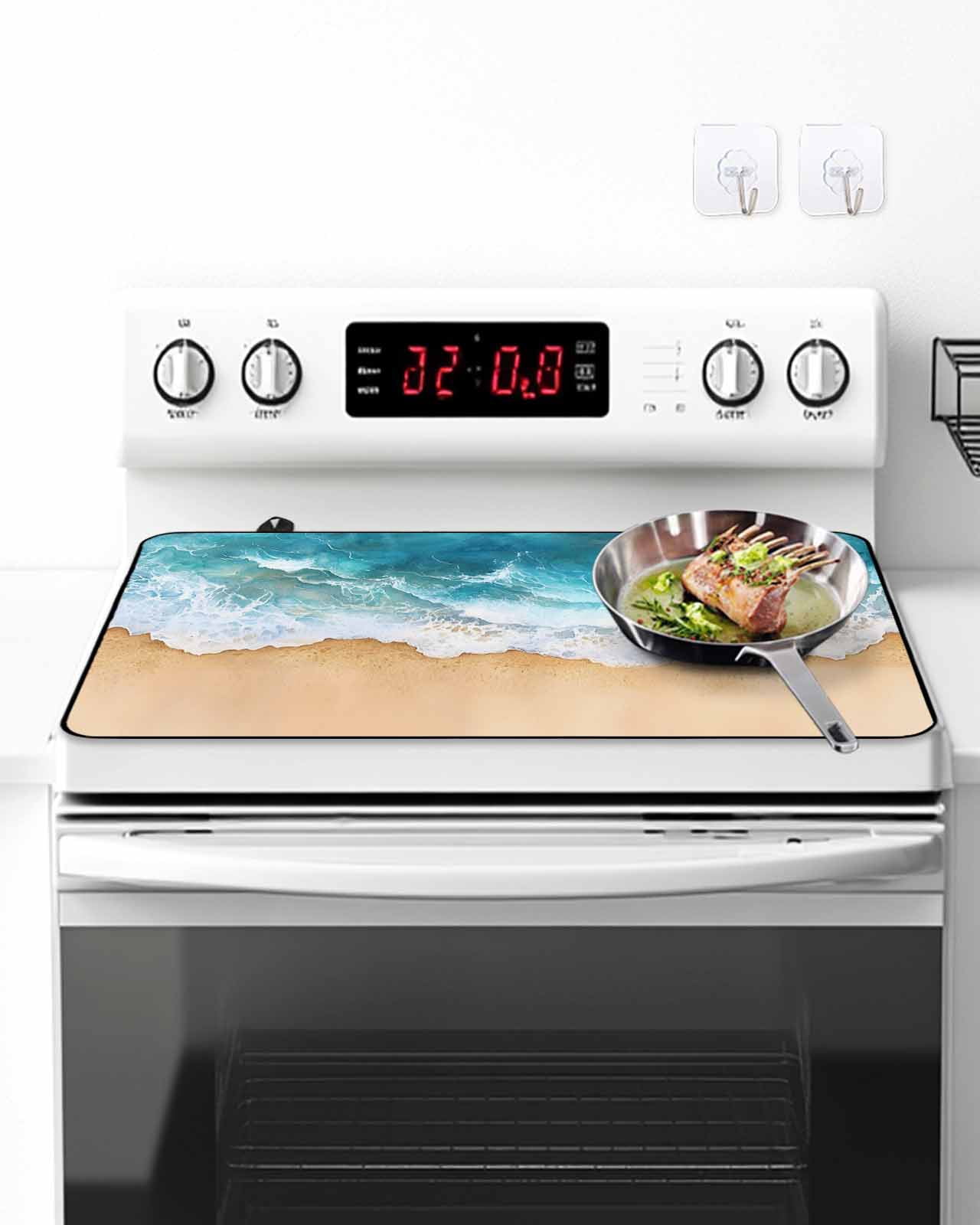 Stove Top Covers for Electric Stove 24x21 Inches, Teal Ocean Waves Heat Insulation Fireproof Glass Cooktop Protector, Summer Beach Coastal Nautical Multipurpose Countertop Stovetop Cover for Kitchen