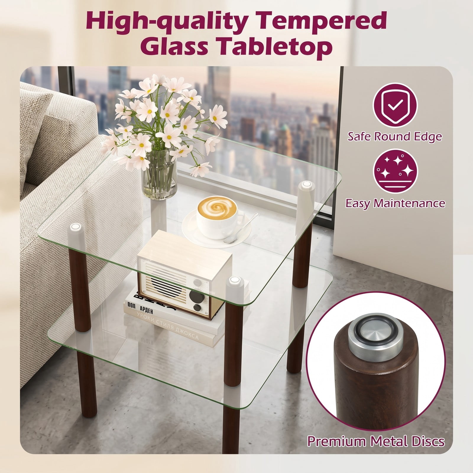 Furnibear 2-Tier Square End Table with Clear Tempered Glass Top and Shelf, Solid Rubber Wood Side Table for Living Room Bedroom, Round-Edge Sofa, Clear & Brown