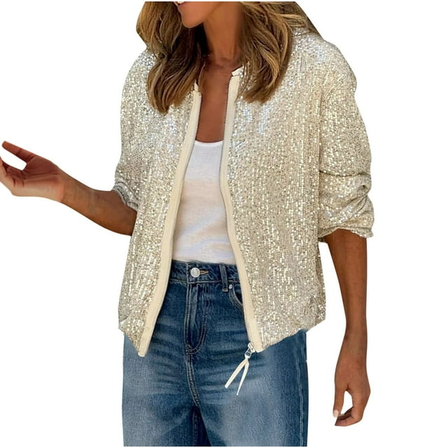 AherBiu Vestes à Paillettes pour Femmes Manches Longues Zip Col Rond Club Scintillant Tenue de Fête