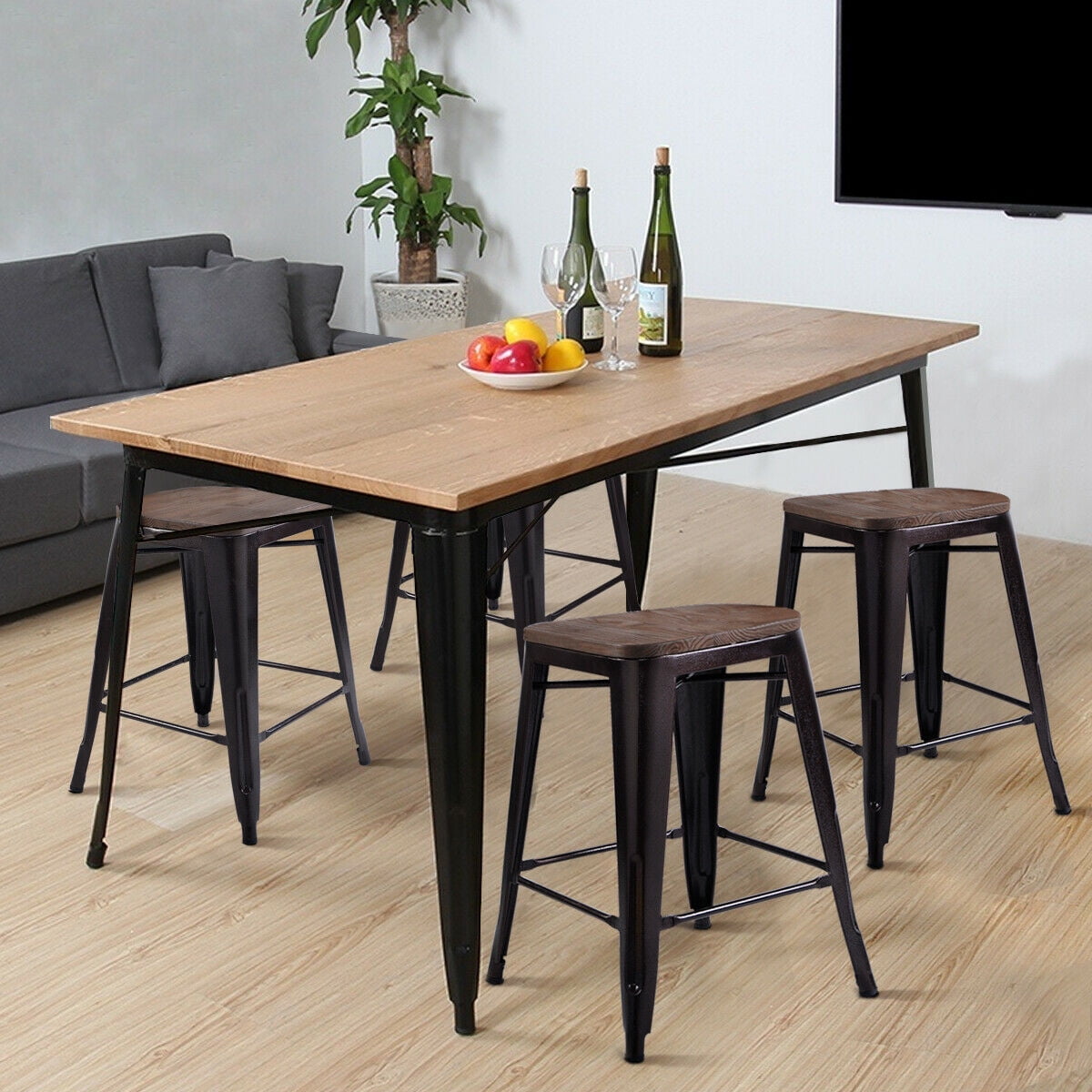 Costway Copper Set of 4 Metal Wood Counter Stool Kitchen Dining Bar Chairs Rustic Full Back