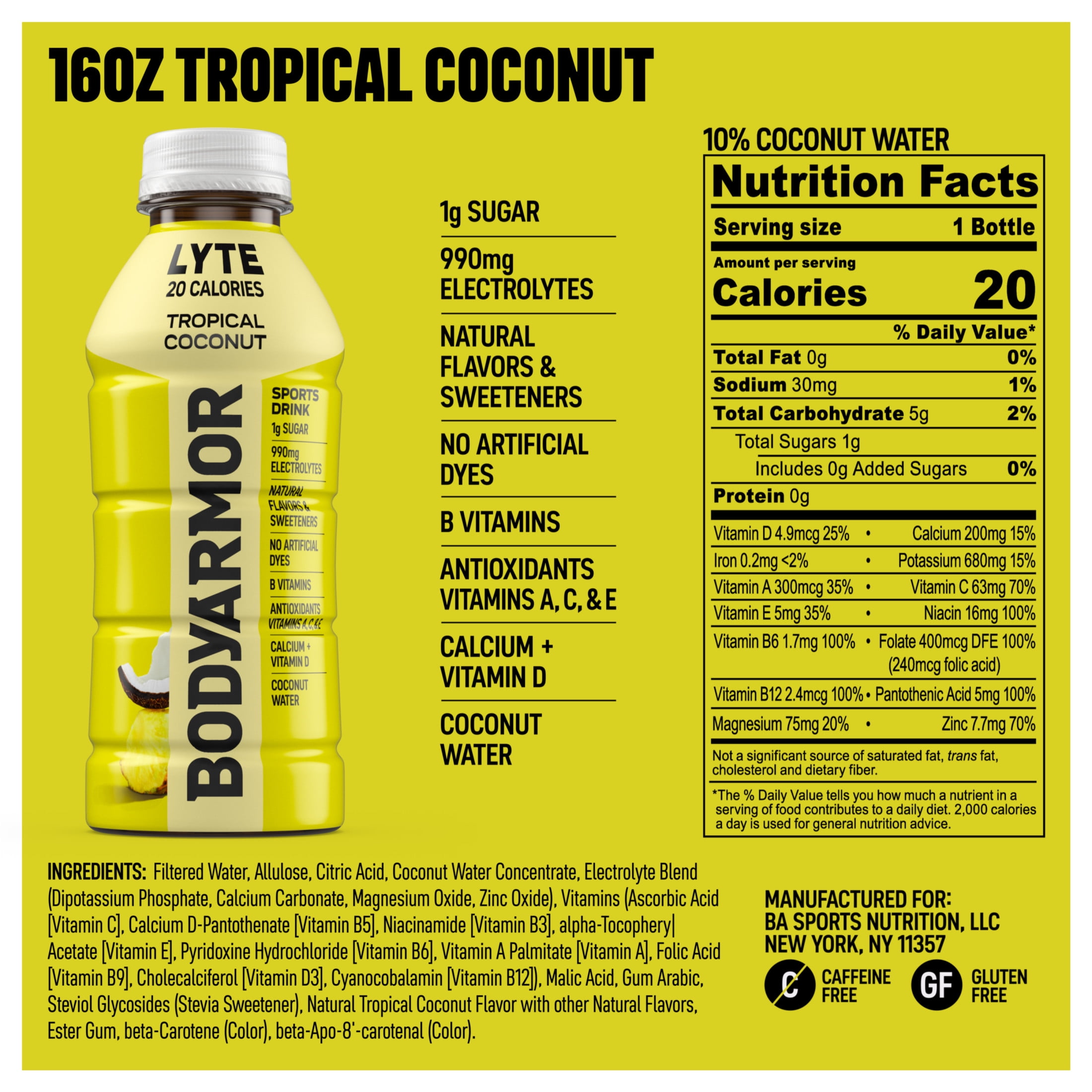 BODYARMOR Lyte Tropical Coconut Electrolyte Sports Drink, 16 fl oz Bottle