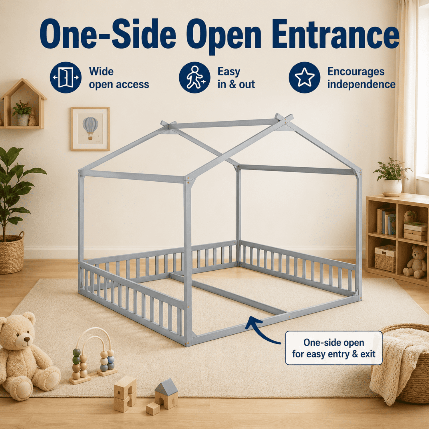 Miniyam Double Twin Floor Bed for Kids, House Bed with Guardrails and Open Entrance, Gray