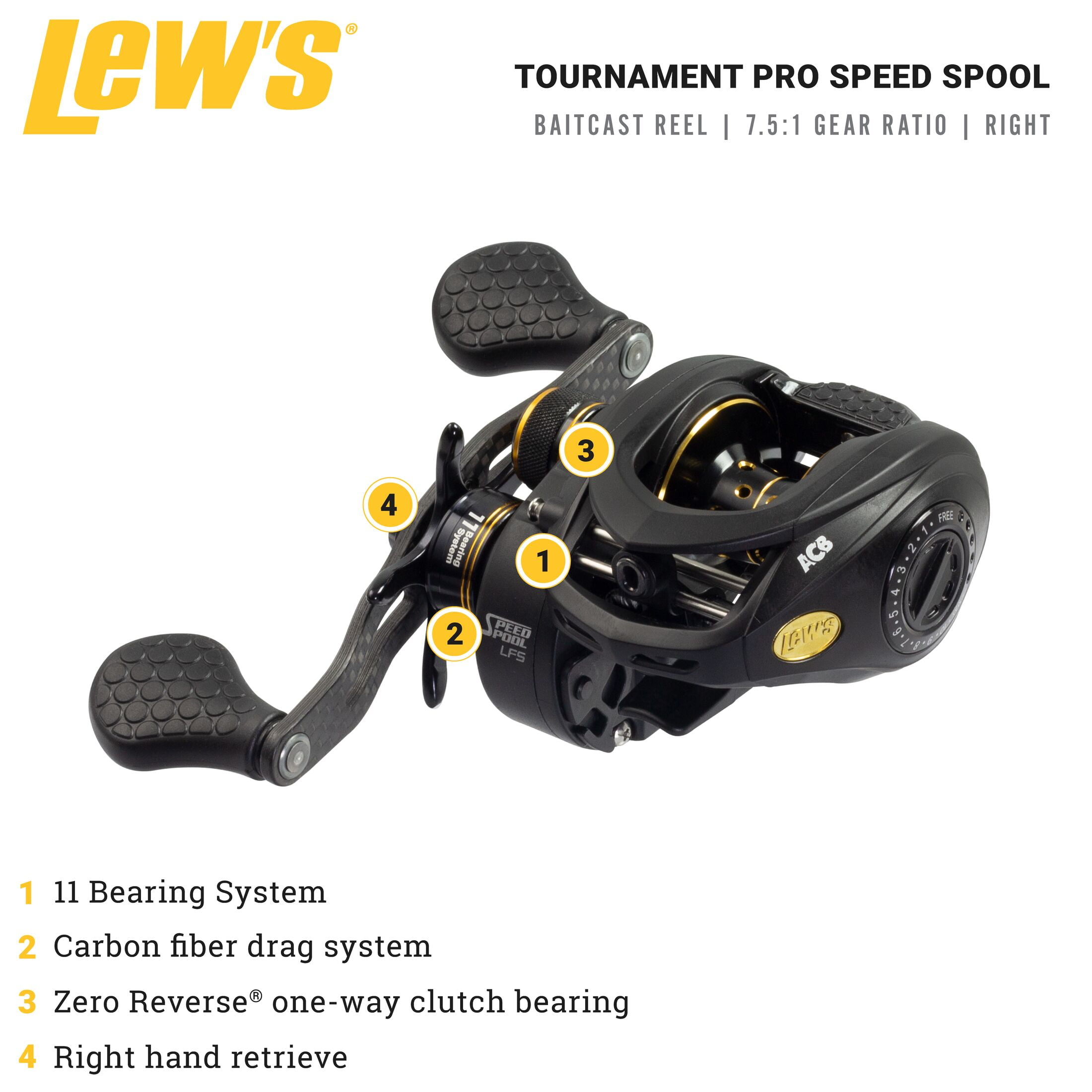 Lew's Tournament Pro LFS Speed Spool Baitcast Fishing Reel, 7.5:1 Gear Ratio, Right-Hand Retrieve, Black