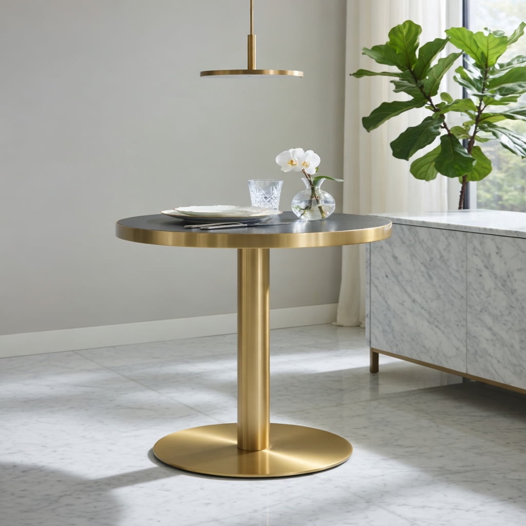 Hommoo Modern Round Bistro Table, 23.6" Faux Gray Marble Top with Gold Stainless Steel Edge Banding & Pedestal Base, High-Gloss UV-Coated MDF Accent Table, Dark Gray & Gold