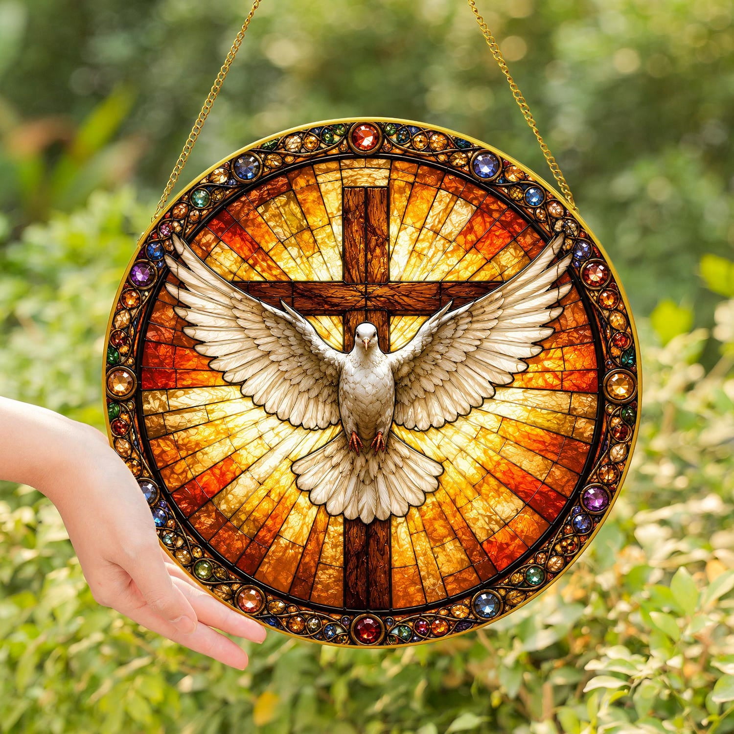 Holy Spirit Cross Dove Stained Glass Window Suncatcher Christian Faith Hanging Decor Religious Home Ornament Art Piece - Golden Frame