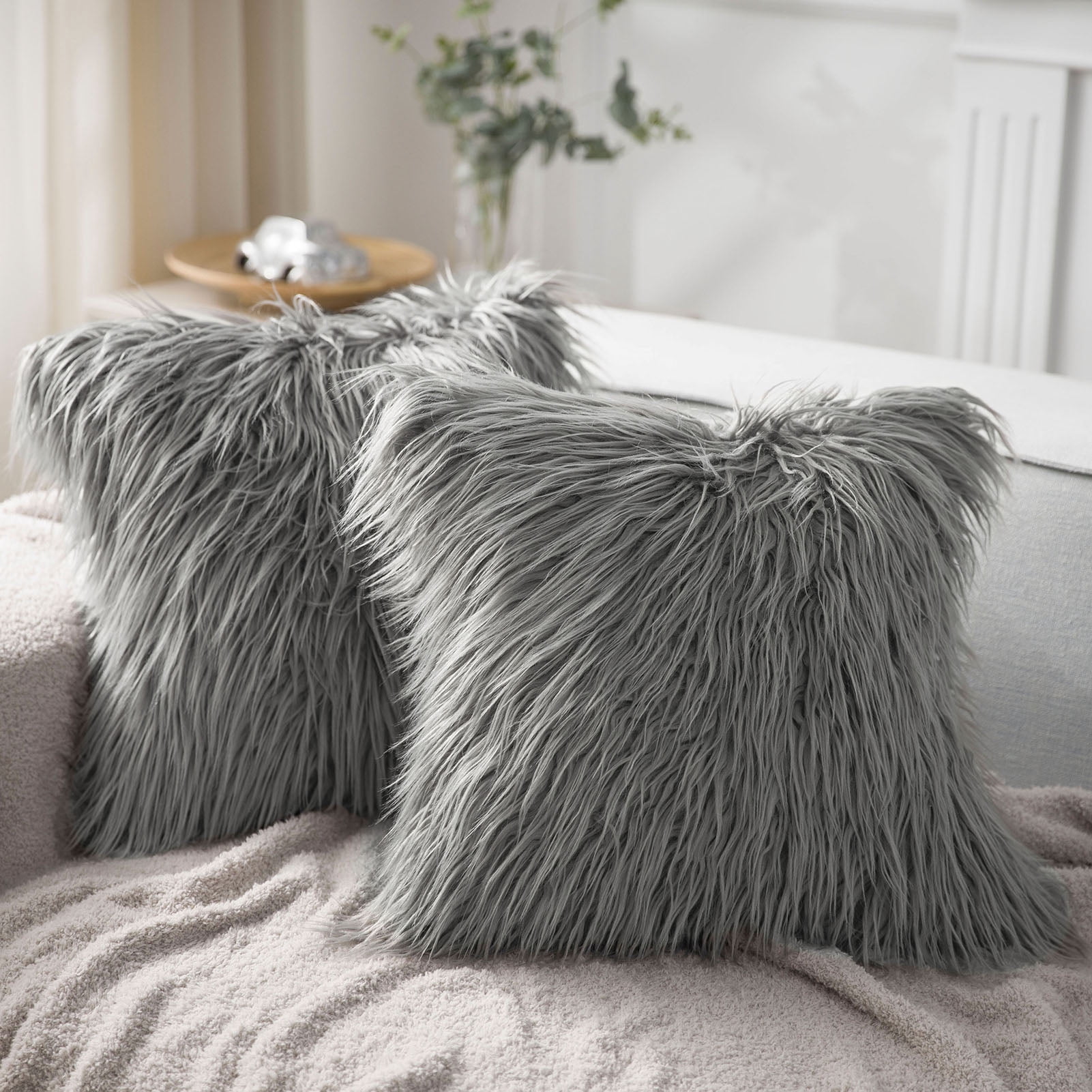 Phantoscope 18" x 18" Faux Fur Decorative Throw Pillow, Plush Cushion with Insert for Couch, Bed, Chair, Dark Gray, 1 Pack