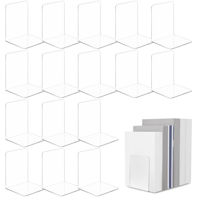 Paquete de 16 sujetalibros de acrílico, sujetalibros para estantes, organizadores de libros transparentes, soporte en forma de L, organizador resistente, bordes redondos, acrílico duradero, para libro