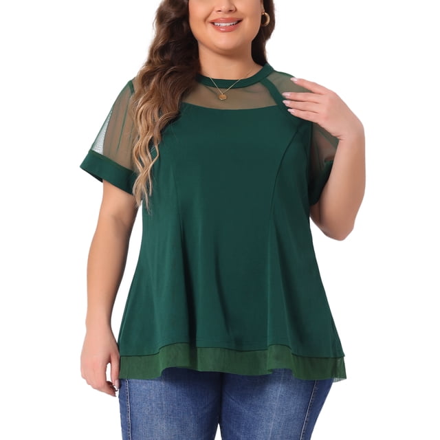 Agnes Orinda Blusas de Verano de Talla Grande para Mujer con Cuello Redondo, Mangas Cortas y Peplum, 4X Verde Oscuro