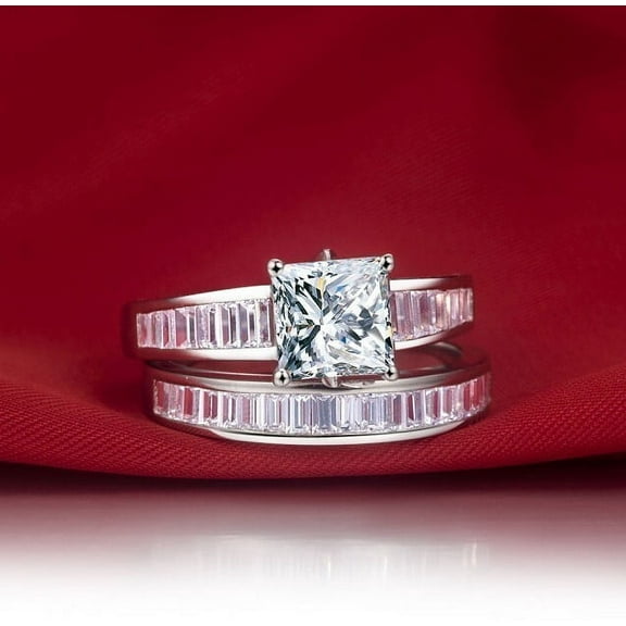 Bluebell Jewels 2 CT White Princess Cut Baguette Cut Cubic Zirconia Wedding Set 925 Silver Ring