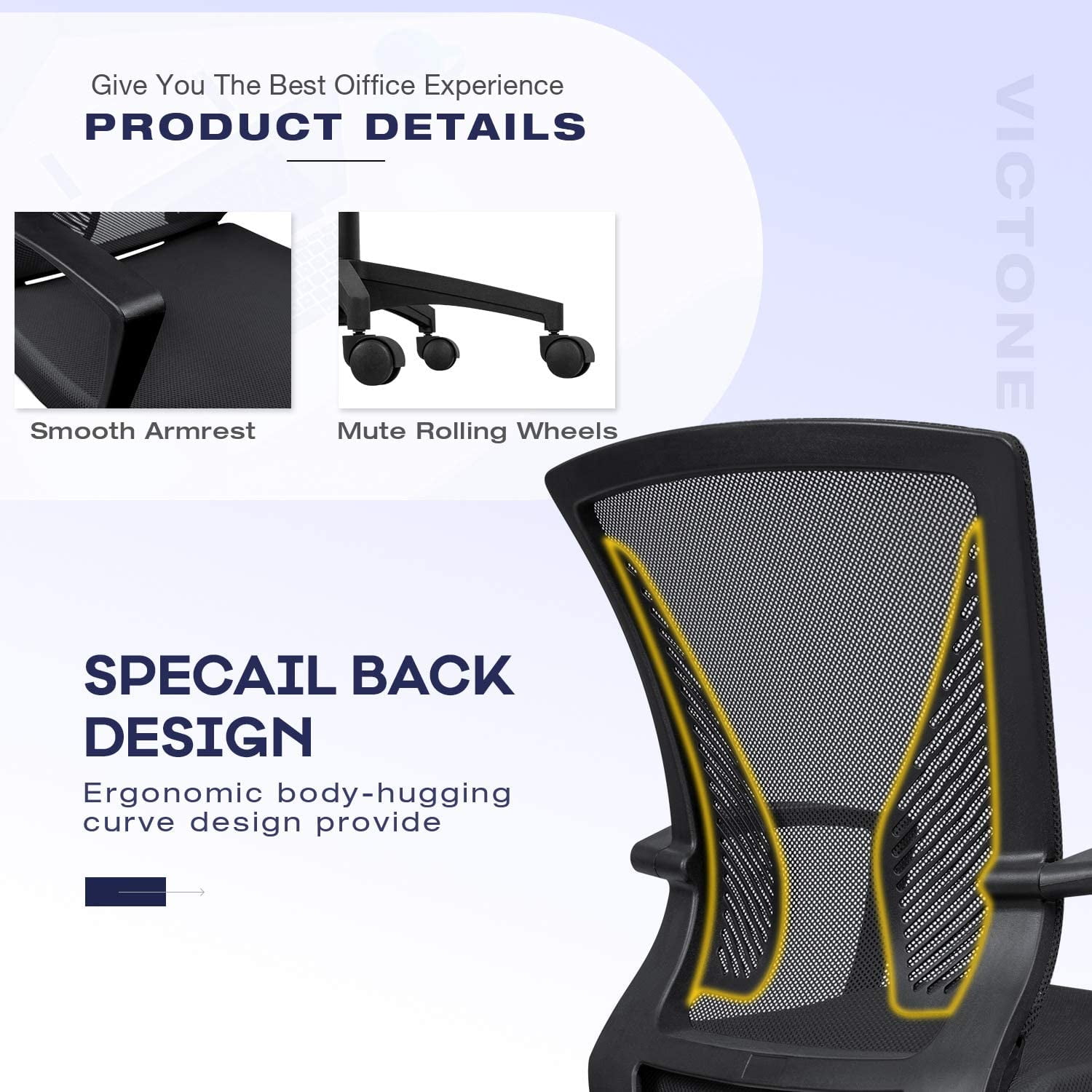 VICTONE Home Office Desk Chair Task Mid Back Mesh Office Chair Ergonomic Swivel Lumbar Support Desk Computer Chair (Black)