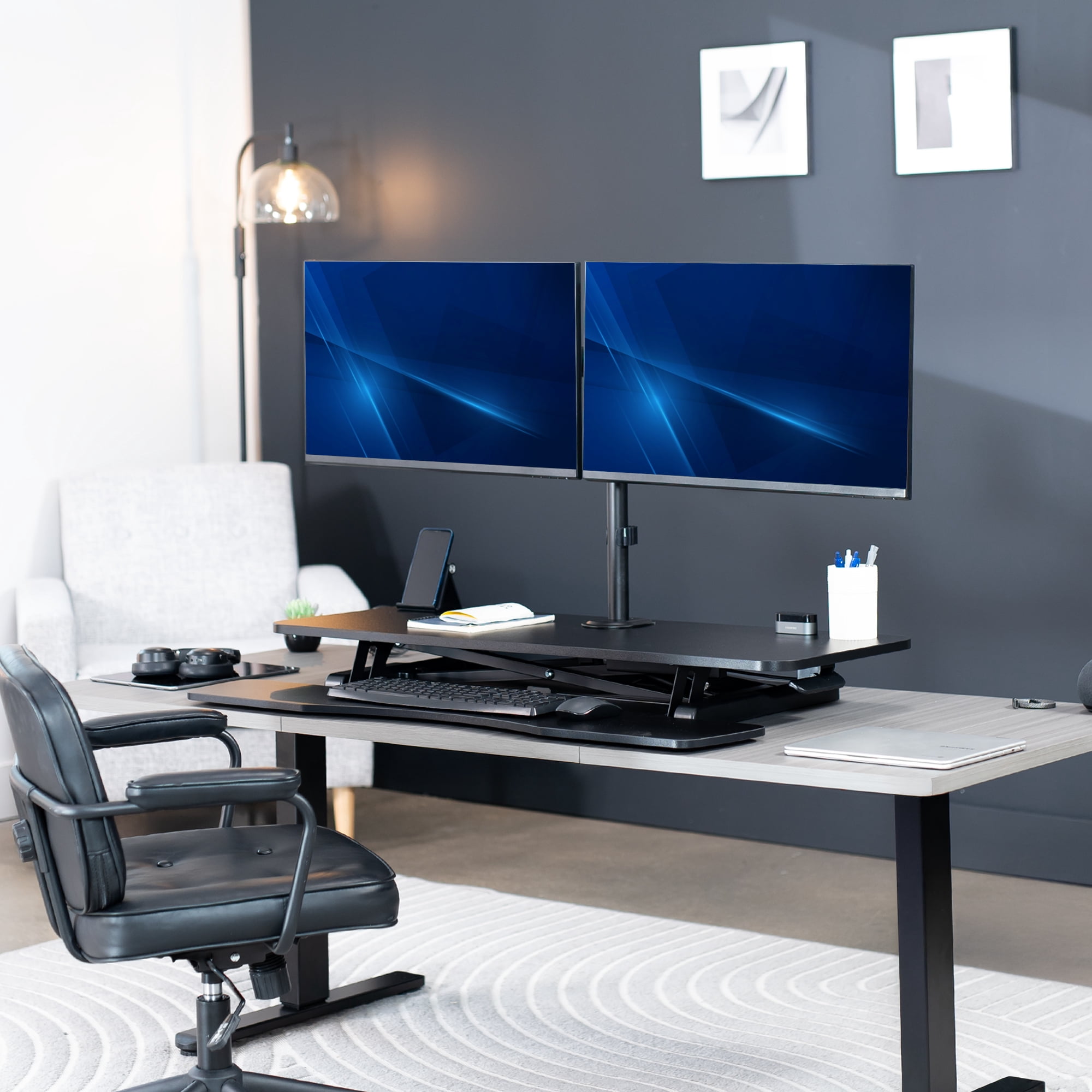 VIVO Black 42" Standing Desk Riser with Dual Monitor Arm for up to 32" Screens