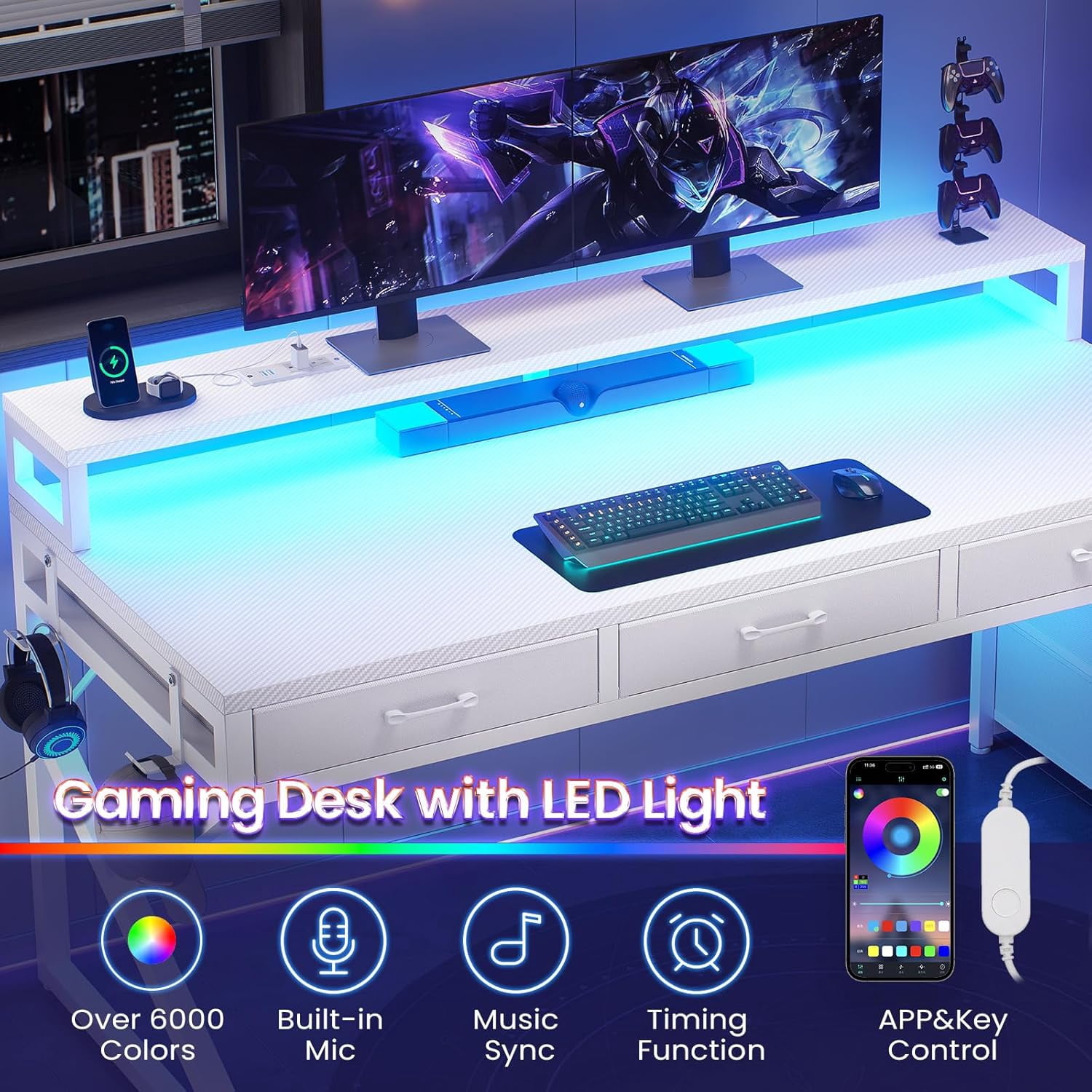 55" Gaming Desk with 6 Drawers, Small Corner Computer Desk with Power Outlets & LED Lights, Home Office Desk with Monitor Stand & Hooks, Reversible PC Desk with Storage, Carbon Fiber White