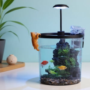 Ataucjin Aquarium Fish Tank Starter Kit with Silent Pump & Atmosphere Light Tabletop Decoration Tank with Landscape Stone Acrylic Rectangular Aquarium for Fish, Shrimp, Goldfishs 17.5x17.5x20cm