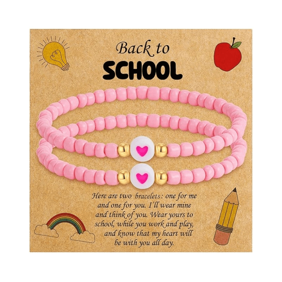 Kicpot Back to School Pink Beaded Matching Bracelet Set, Mom Daughter Heart Charm Stretch Bracelets