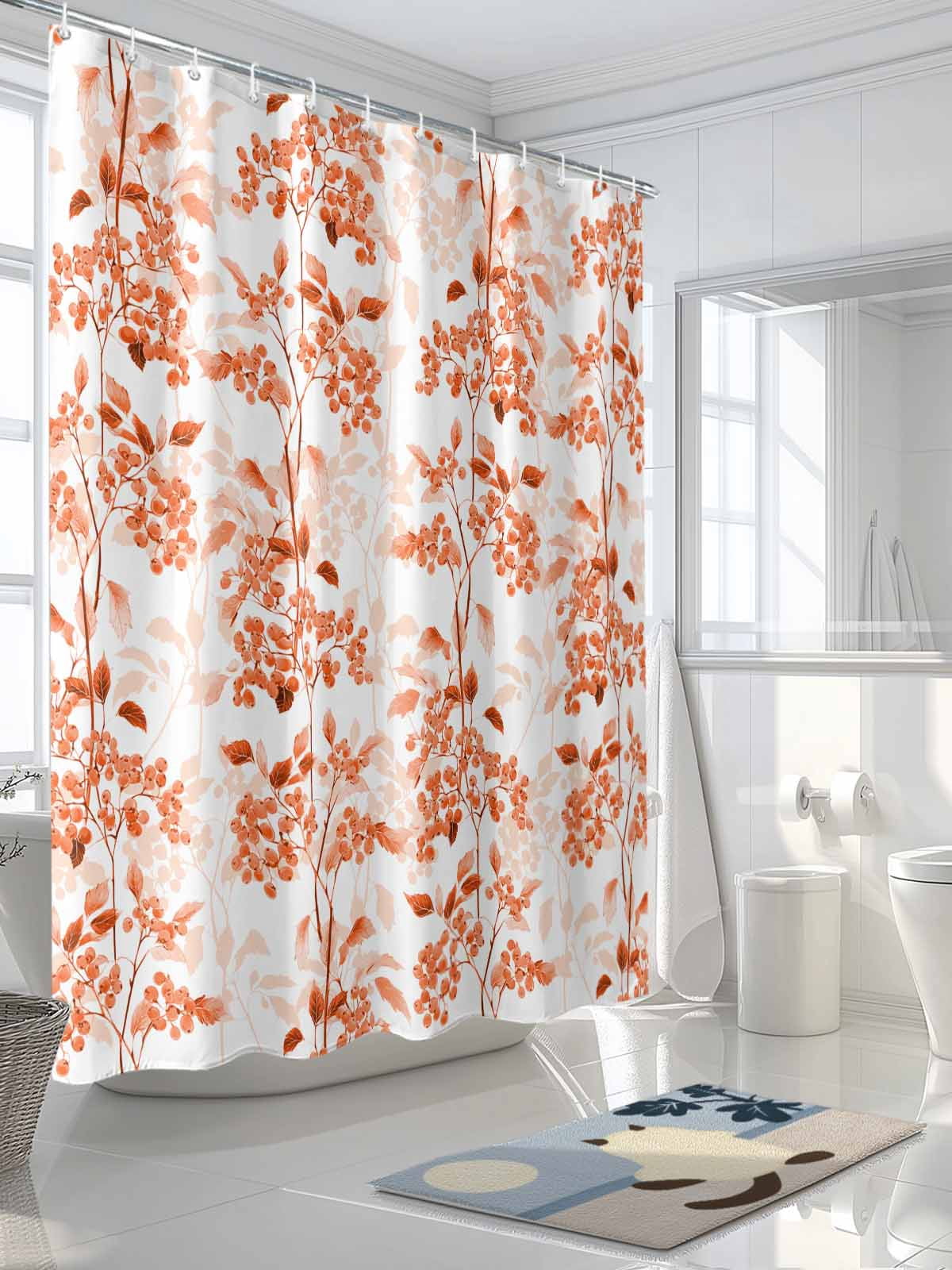 Boanket Polyester Fabric Burnt Orange Botanical Shower Curtain, Vintage Nature Flower Waterproof Bathtub Curtain Bathroom Decor Set with Hooks 60 x 72 Inches,
