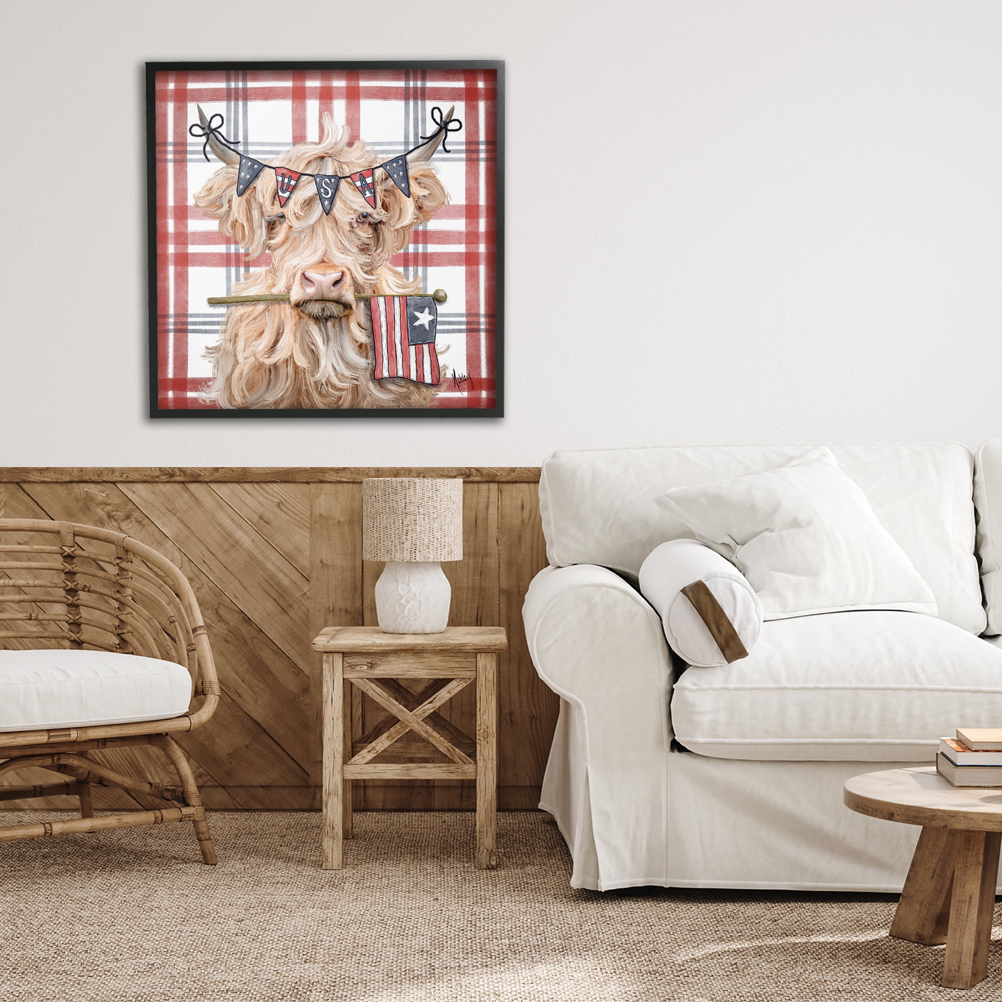 USA Plaid Highland Cattle Black Framed Giclee Art, design by Ashley Bradley