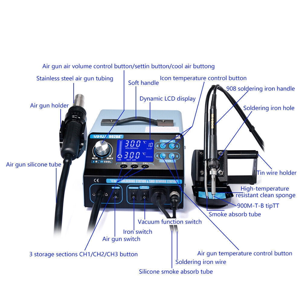 YIHUA 992DA+ 4 in 1 BGA Rework Soldering Station SMD Hot Air gun Solder Pen 110V