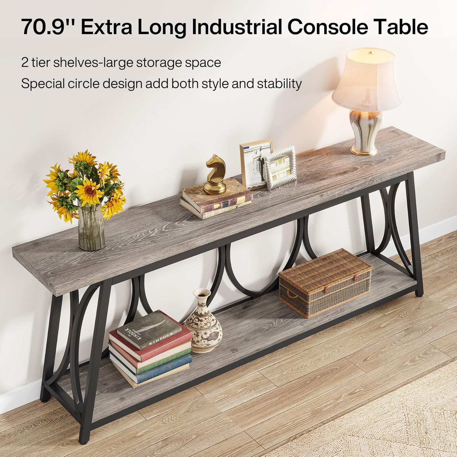 Tribesigns 70.9" Extra Long Console Table, Industrial Wood Narrow Sofa Table for Entryway, Gray