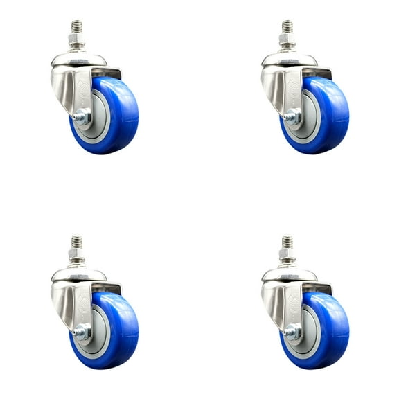 3.5 Inch 316SS Blue Polyurethane Wheel Swivel 10mm Threaded Stem Caster Set