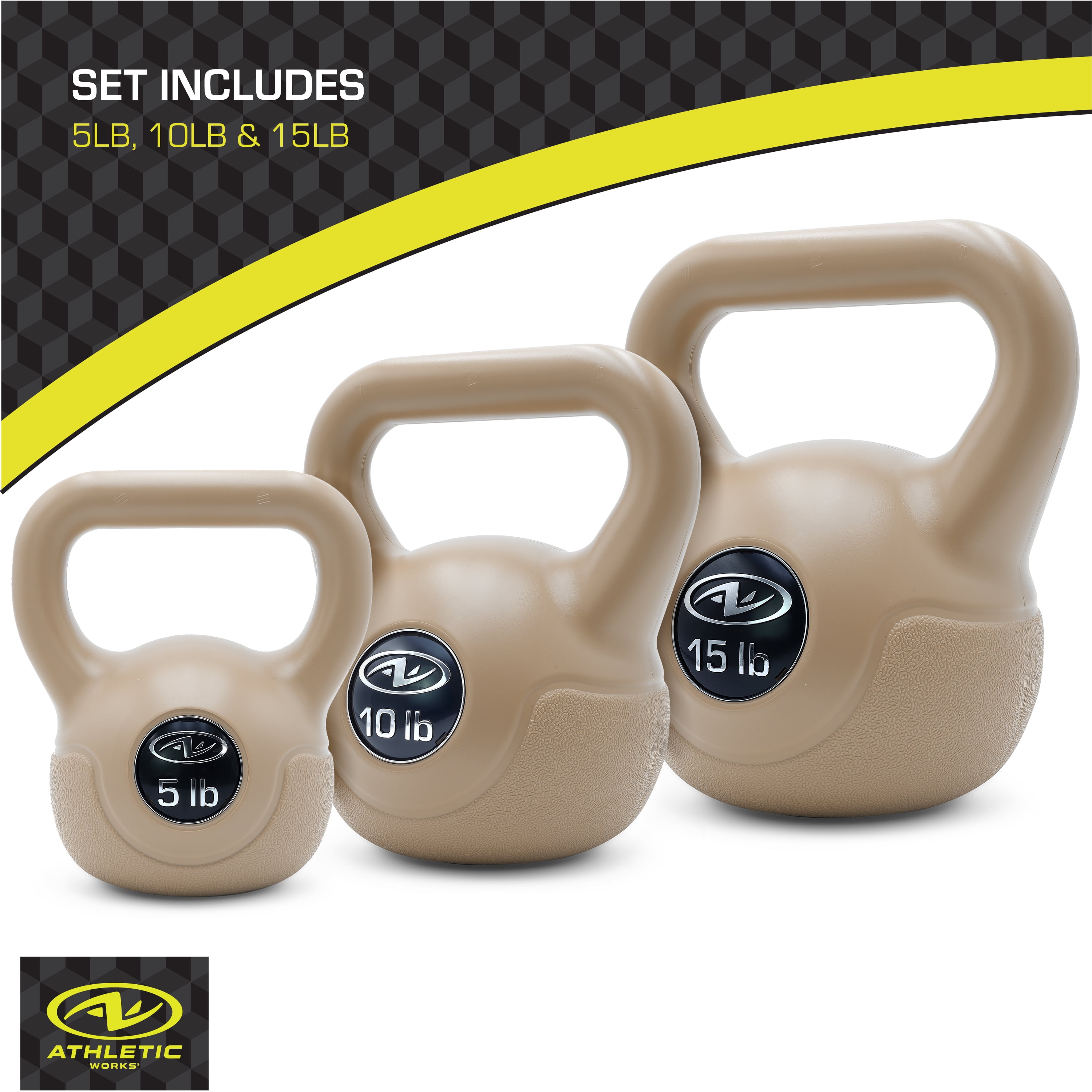 AW 30 lb Cement Kettlebell Weight Set, Vinyl-Coated Home Gym Weights, 5, 10 & 15 LB