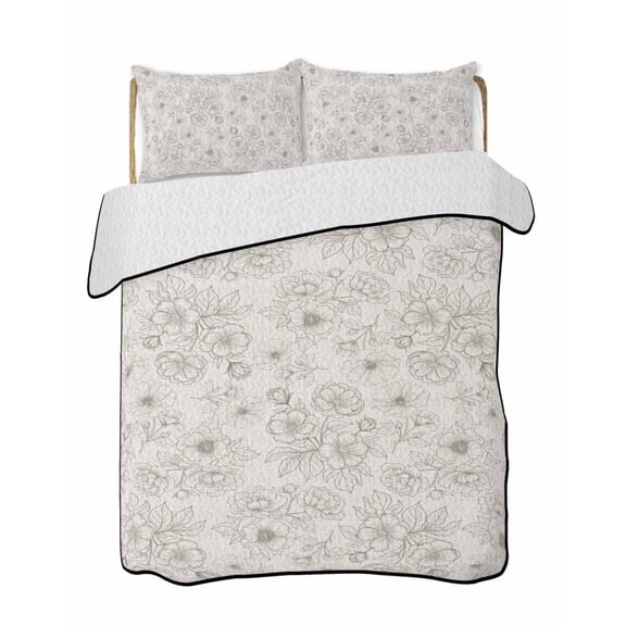 Quilts King Size Bedding Set, Botanical Flowers Lightweight Quilted Comforter, Country Chic Retro Floral Leaves Plants Soft Reversible Bedspread Coverlet with Pillow Covers for All Season, 96" x 106"