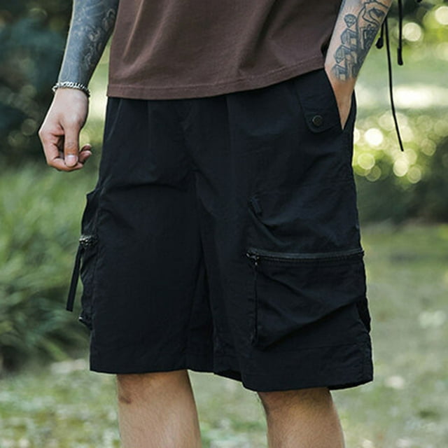 Men's Summer Casual Solid Color Portable Fashion Pockets Drawstring Elastic Waist Zipper Comfortable Shorts Cargo Pant