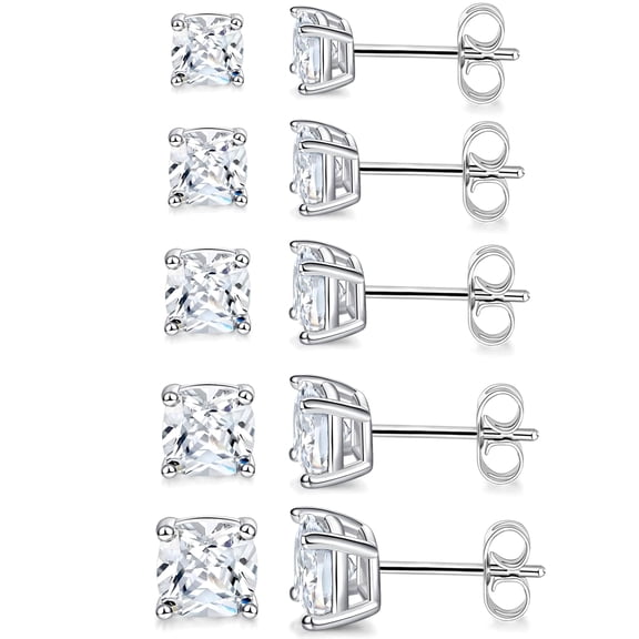 GEMSME 18K White Gold Plated Fat Princess Cut Clear Cubic Zirconia Stud Earrings Set for Women Men 3mm/4mm/5mm/6mm/7mm Pack of 5