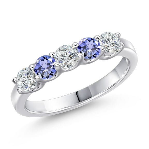 Gem Stone King 925 Sterling Silver Lab Grown Diamond and Blue Tanzanite Wedding-Bands Ring for Women | 0.87 Cttw | Round 3.5MM | Gemstone April Birthstone | Size 5
