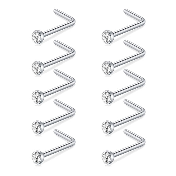 ZS 10Pcs/Set 20g White Cubic Zircon Nose Ring Piercing Round Crystal Nostril Piercing Nose Bone/L Shaped/Nose Screws Nose Stud Piercing
