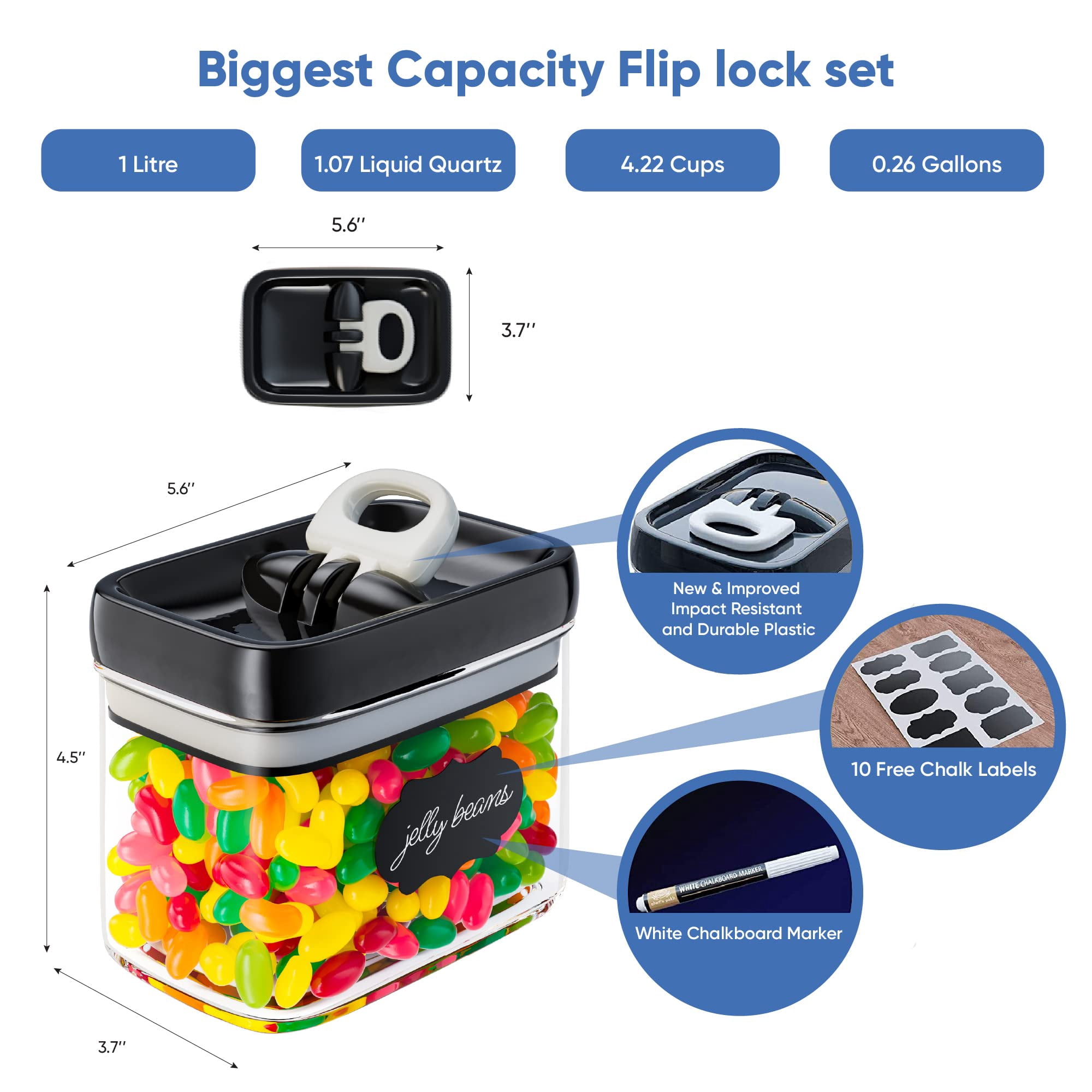 Airtight Food Storage Containers Pack of 6 - 1.0l Kitchen Pantry Canisters