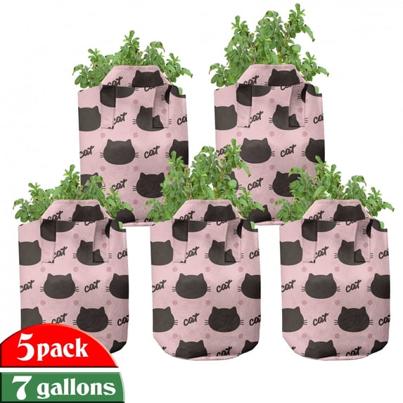Cat Grow Bags 5-Pack, Head Silhouettes Dots Girly, Heavyduty Fabric Pots with Handles for Plants, 2 Sizes, Coral Seal Brown, by Ambesonne