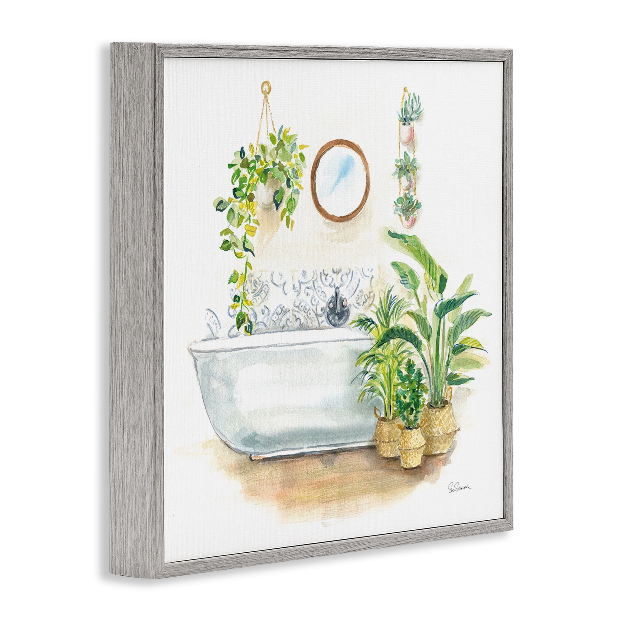 Stupell Industries Serene Bathroom Interior with Greenery Botanical & Floral Painting Gray Framed Art Print Wall Art, 12 x 12