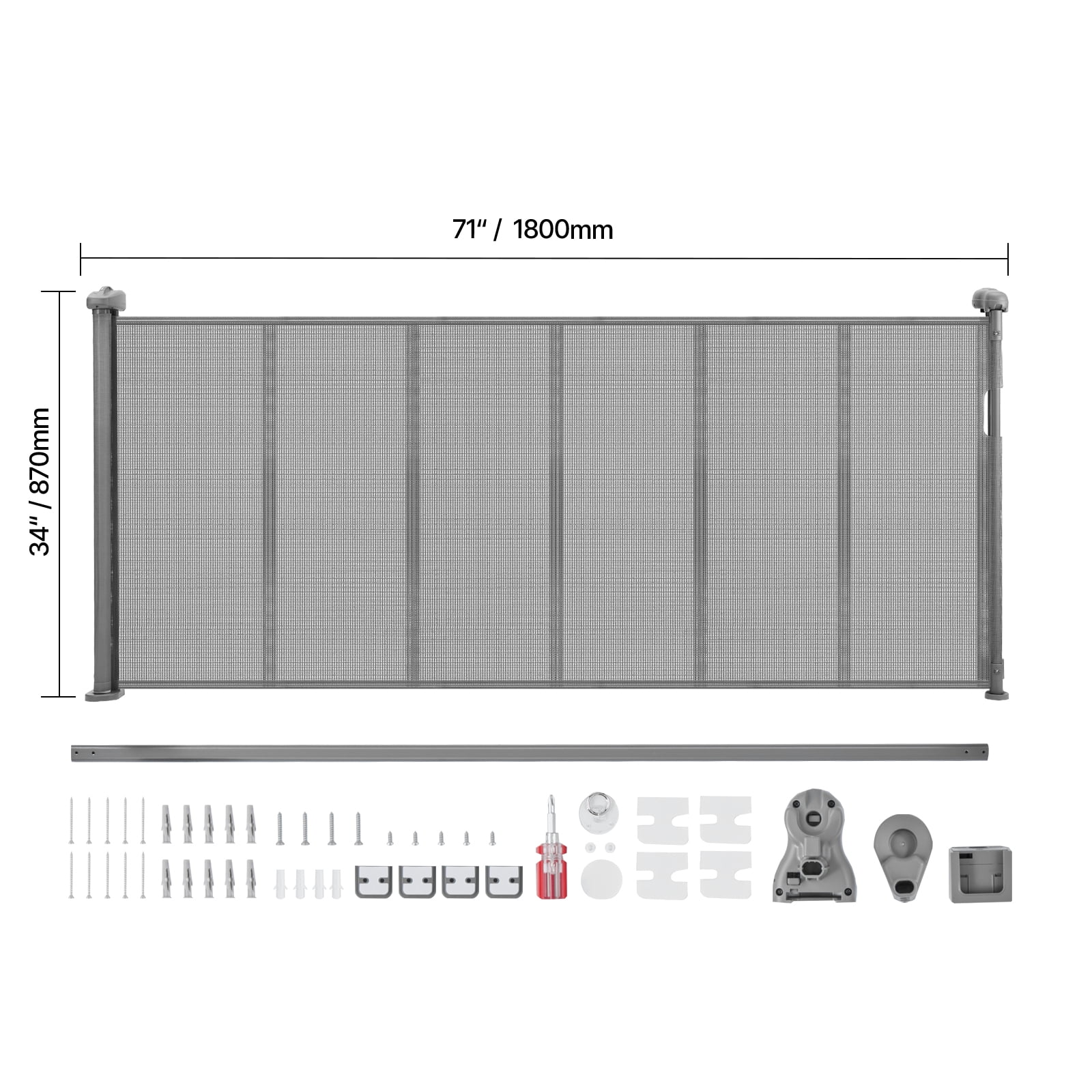 KFFKFF Retractable Baby Gate, 34-Inch Height, Expands Up to 71 Inches Wide, Mesh Barrier for Children or Pets, Simple Installation for Indoor Stairs, Doorways, Hallways, and Play Areas, Gray