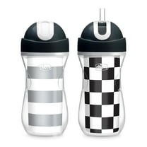 Chicco 9oz. Flip-Top Straw Trainer with Soft Silicone Straw and Double-Wall Insulation, 12m , 2-Pack - Black/White/Silver, New