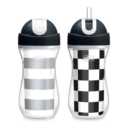 Chicco 9oz. Flip-Top Straw Trainer with Soft Silicone Straw and Double-Wall Insulation, 12m , 2-Pack - Black/White/Silver, New