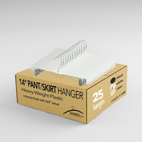 NAHANCO #1600RCLHHU 14" White Heavy Weight Plastic Skirt/Pant Hangers with Chrome Clips (Pack of 25)
