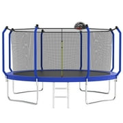 Seizeen Outdoor Trampoline for Kids, 12FT Round Trampoline W/ Enclosure Net, Colorful Trampoline with Basketball Hoop, Ladder