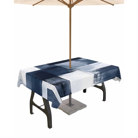 Fsddascl Navy Blue Geometric Outdoor Tablecloth - 60x102 Inch Rectangle Dining Table Cover, White Modern Abstract Waterproof Outdoor Table Cloth with Umbrella Hole & Zipper for Picnic/Patio/Party