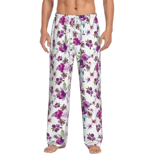 Kdxio Violets Flowers Pattern Men's Pajama Pants, Elastic Waist with Drawstring and Pockets, Comfortable Loungewear-X-Large