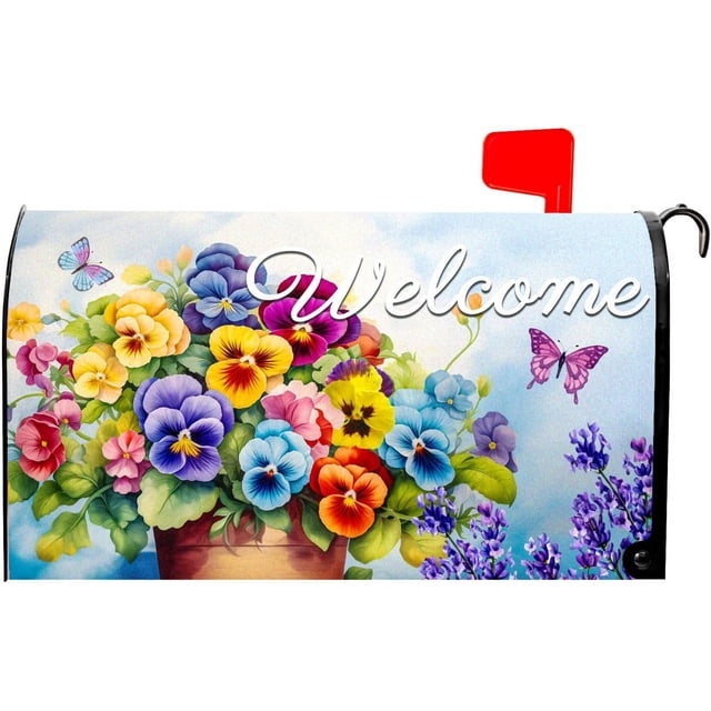 Welcome Spring Summer Mailbox Covers Magnetic Standard Size 18 X 21 Inch Flowers Butterfly Magnetic Mailbox Cover Floral Mailbox Wraps Post Letter Box Cover Decoration Outdoor Garden Yard Outside
