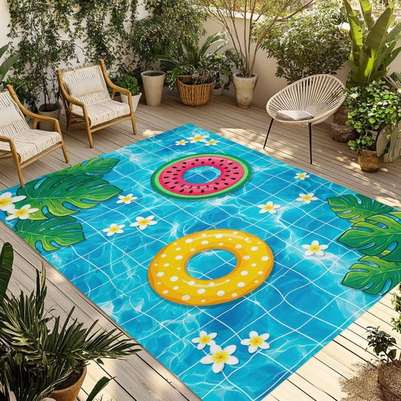 Summer Swimming Pool Outdoor Rug for Patio/Deck/Porch, Non-Slip Large Area Rug 3 x 5 Ft, Floral Plumeria Leaves Blue Plaid Indoor Outdoor Rugs Washable Area Rugs, Reversible Camping Rug Carpet Runner