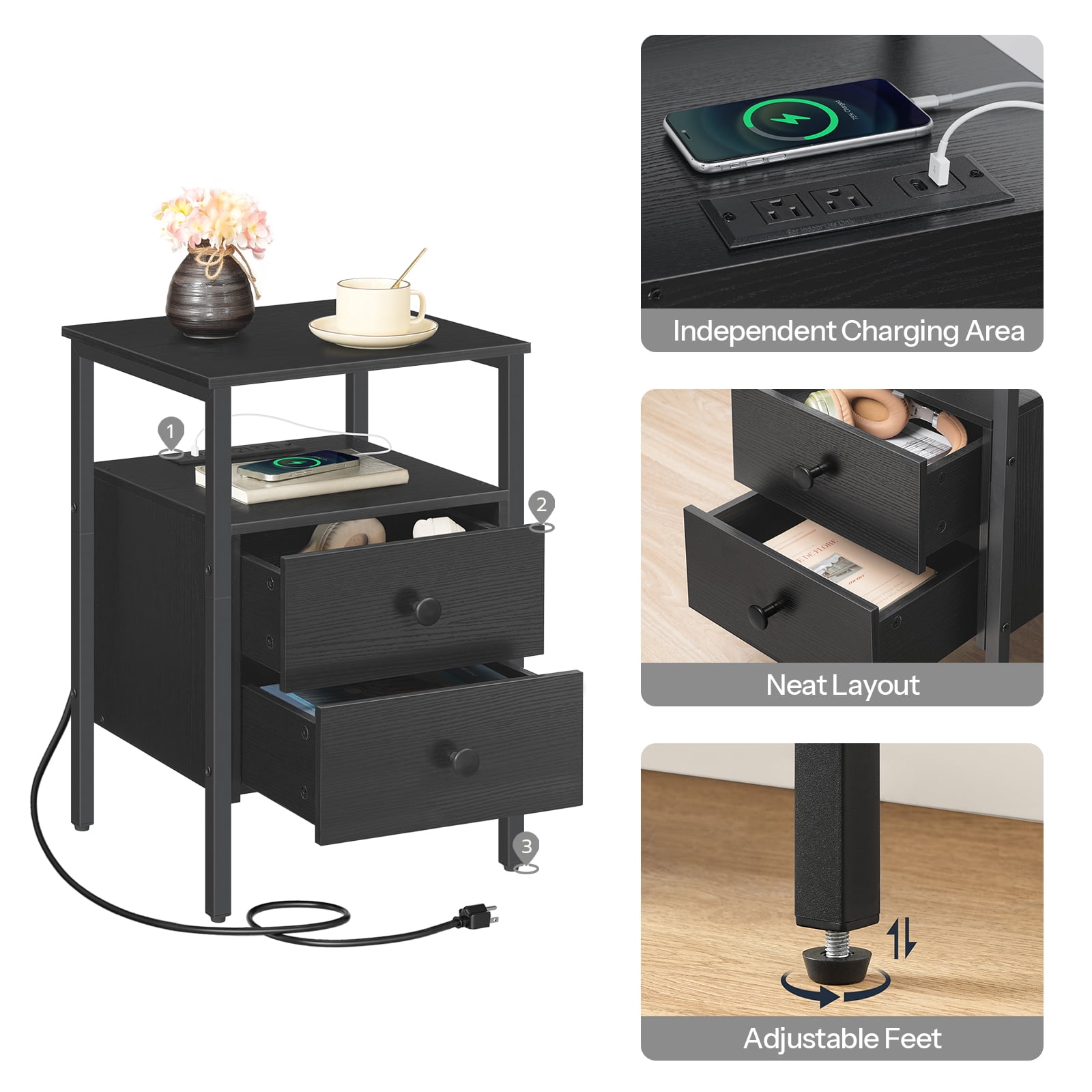 HOOBRO 24'' Tall 2 - Drawer Iron Nightstand with Storage and Built-In Outlets Black BB431BZ01G2