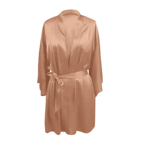 Bcresic Women s Sexy Lingerie Satin Robe Lace Chemise Long Sleeve Nightgowns Plain Sleepwear Comfy Loungewear Lapel Nightwear for Ladies Clearance Saving Rose Gold Large